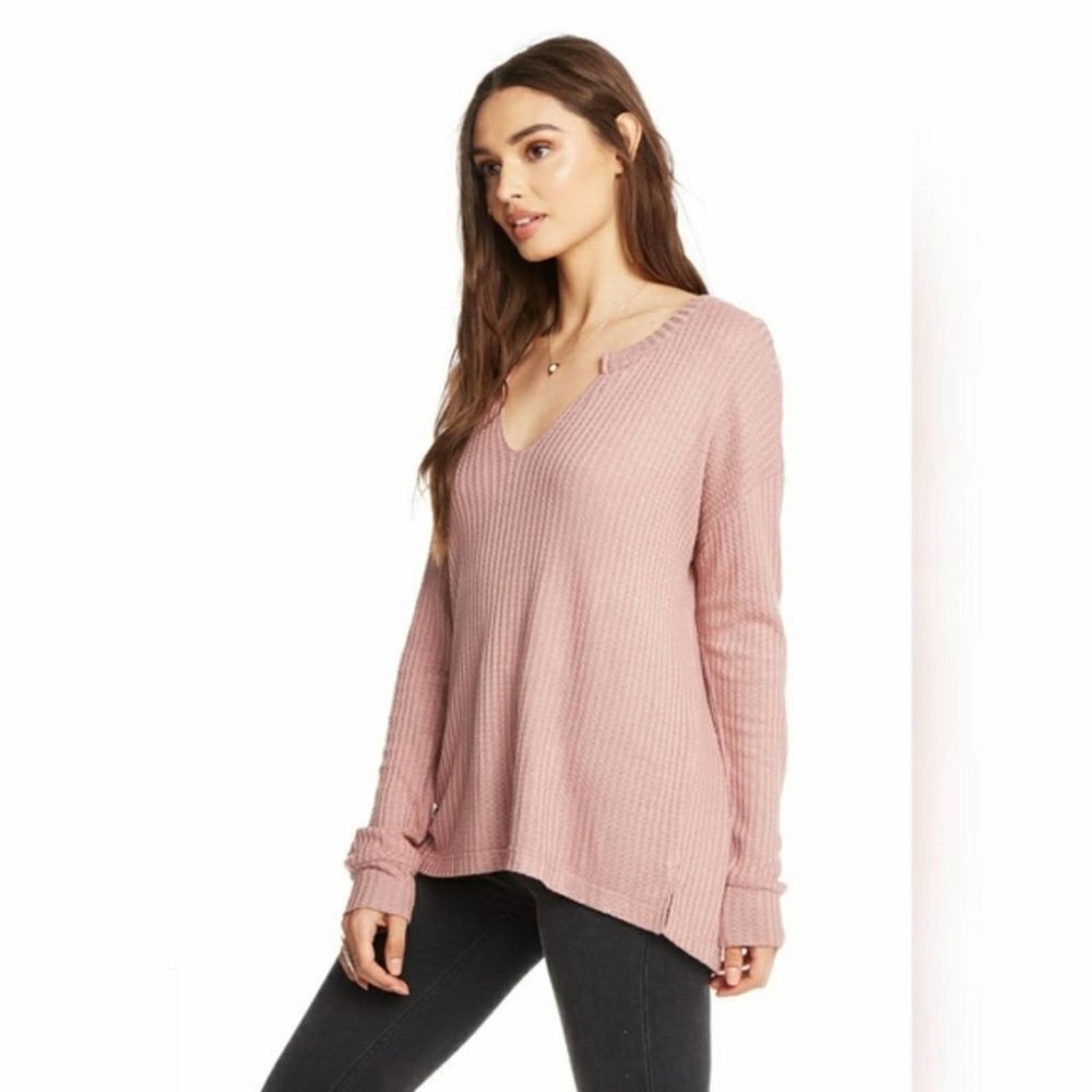 Chaser Split Neck Pink Waffle Knit Thermal Henley